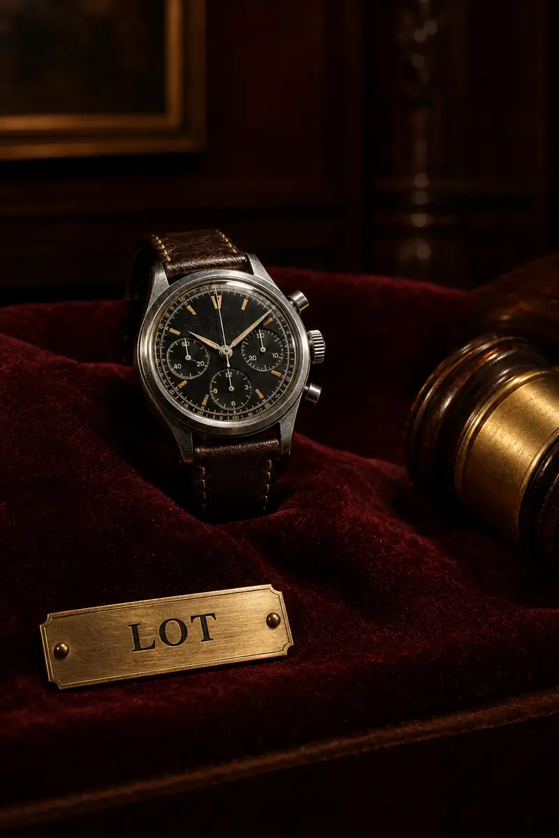 A vintage chronograph on red velvet beside an auction gavel and a brass lot plate
