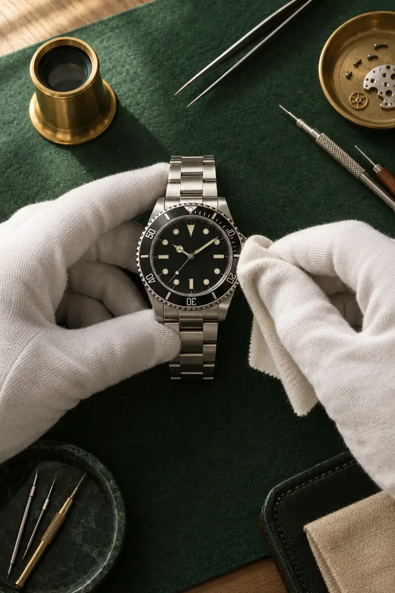 Gloved hands holding a dive watch beside watchmaker tools