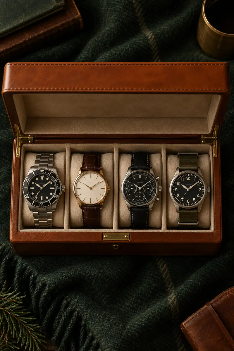 Four watches resting in an open leather watch box on green tweed