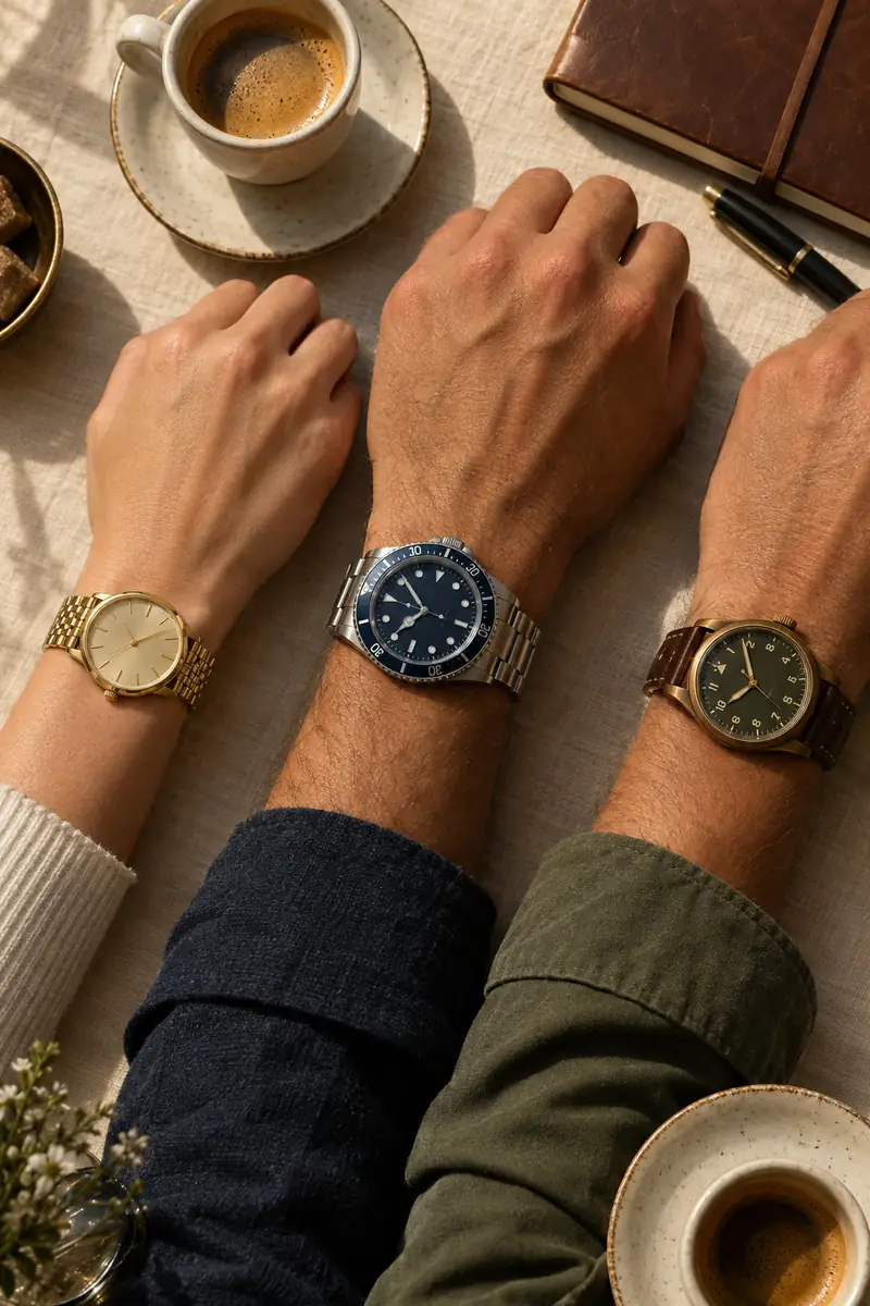 Three collectors comparing their watches around a café table