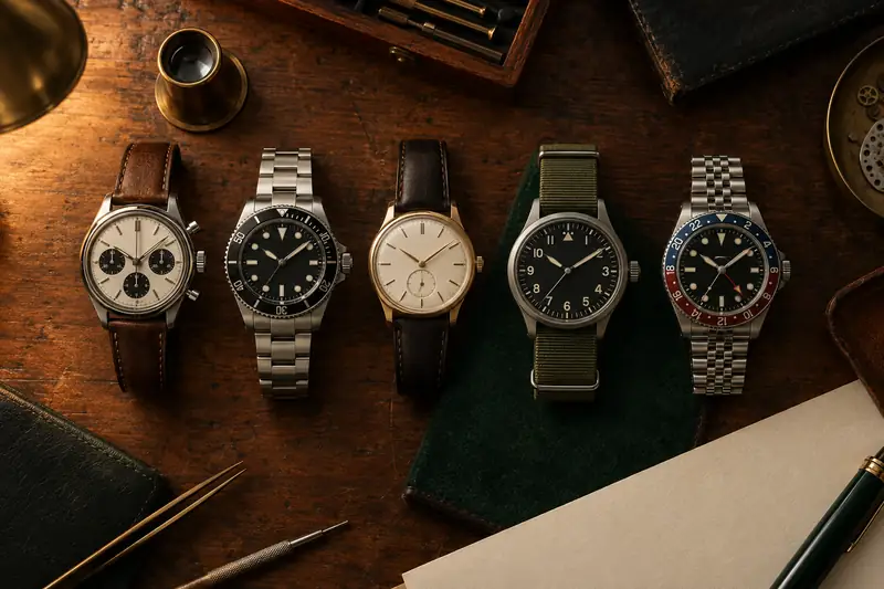 Five watches from different makers lined up on a wooden desk