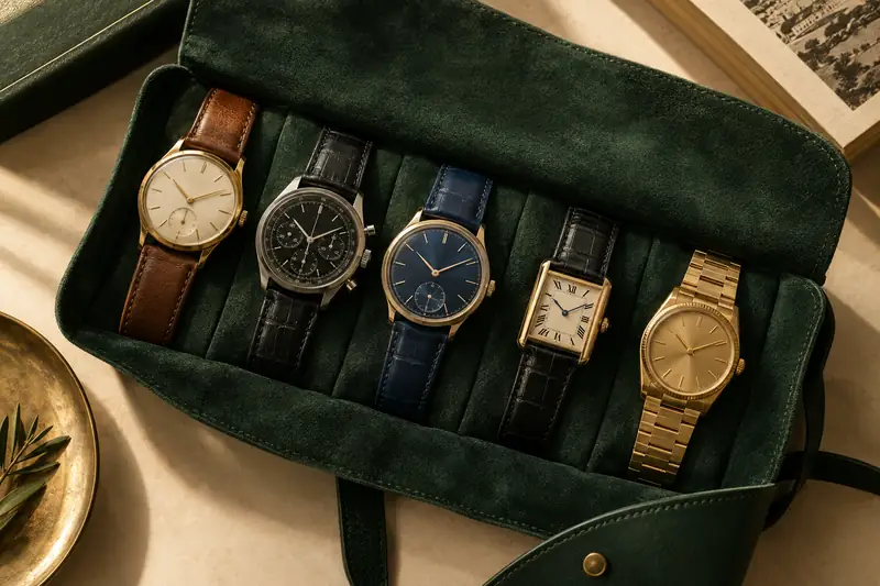 Five watches laid in a green suede watch roll