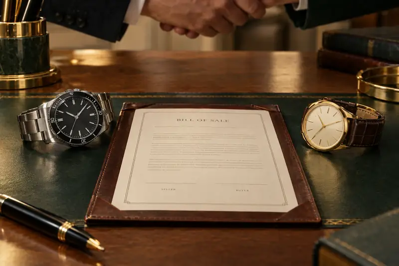 A collector's hand reaching toward two watches on a green desk