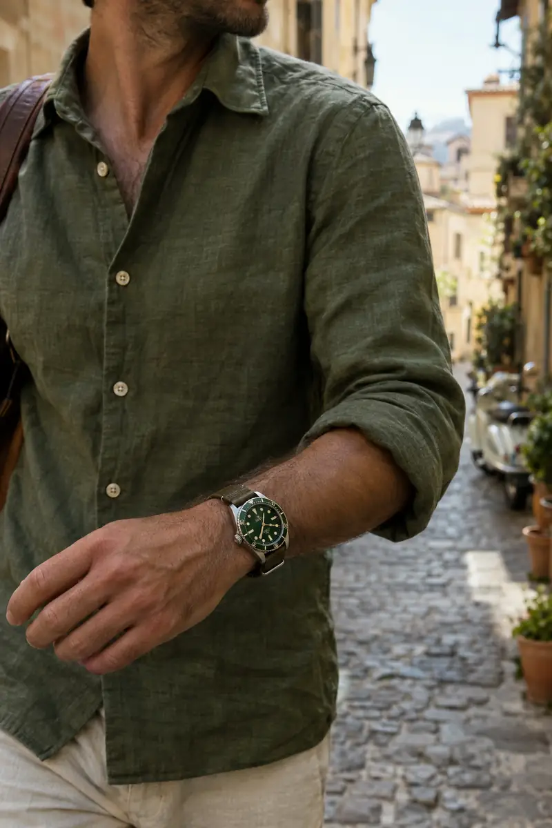 A man in a green linen shirt wearing a steel watch on a cobblestone street